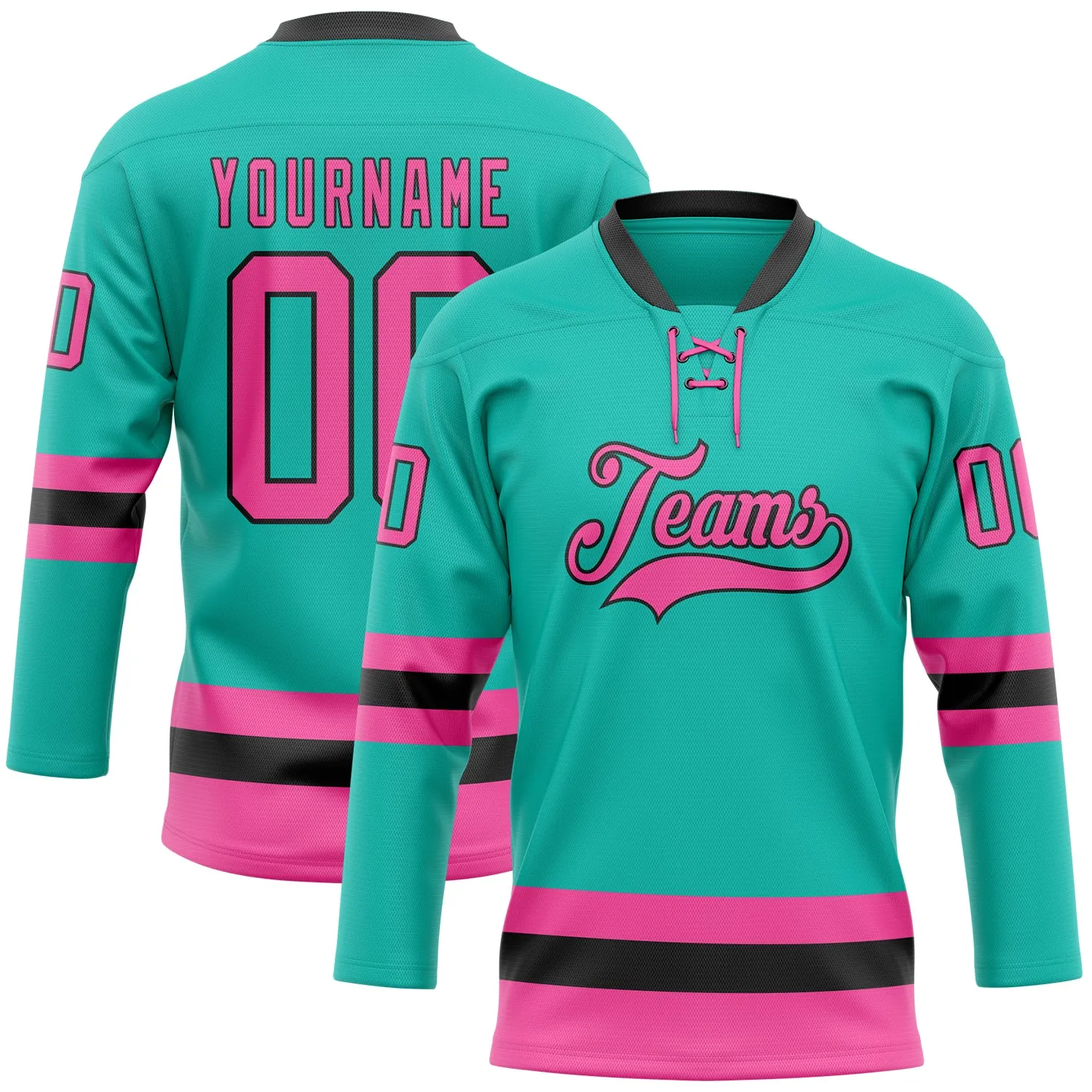 Custom Aqua Pink-Black Hockey Lace Neck Jersey