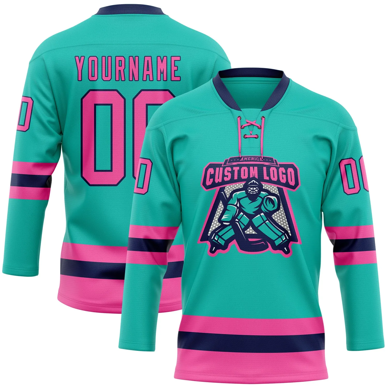 Custom Aqua Pink-Navy Hockey Lace Neck Jersey