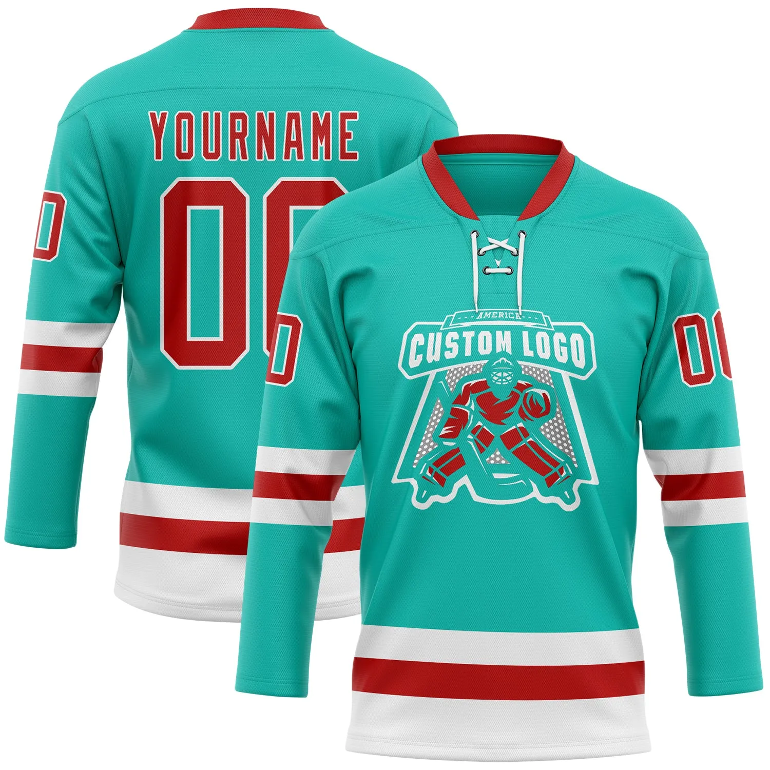 Custom Aqua Red-White Hockey Lace Neck Jersey