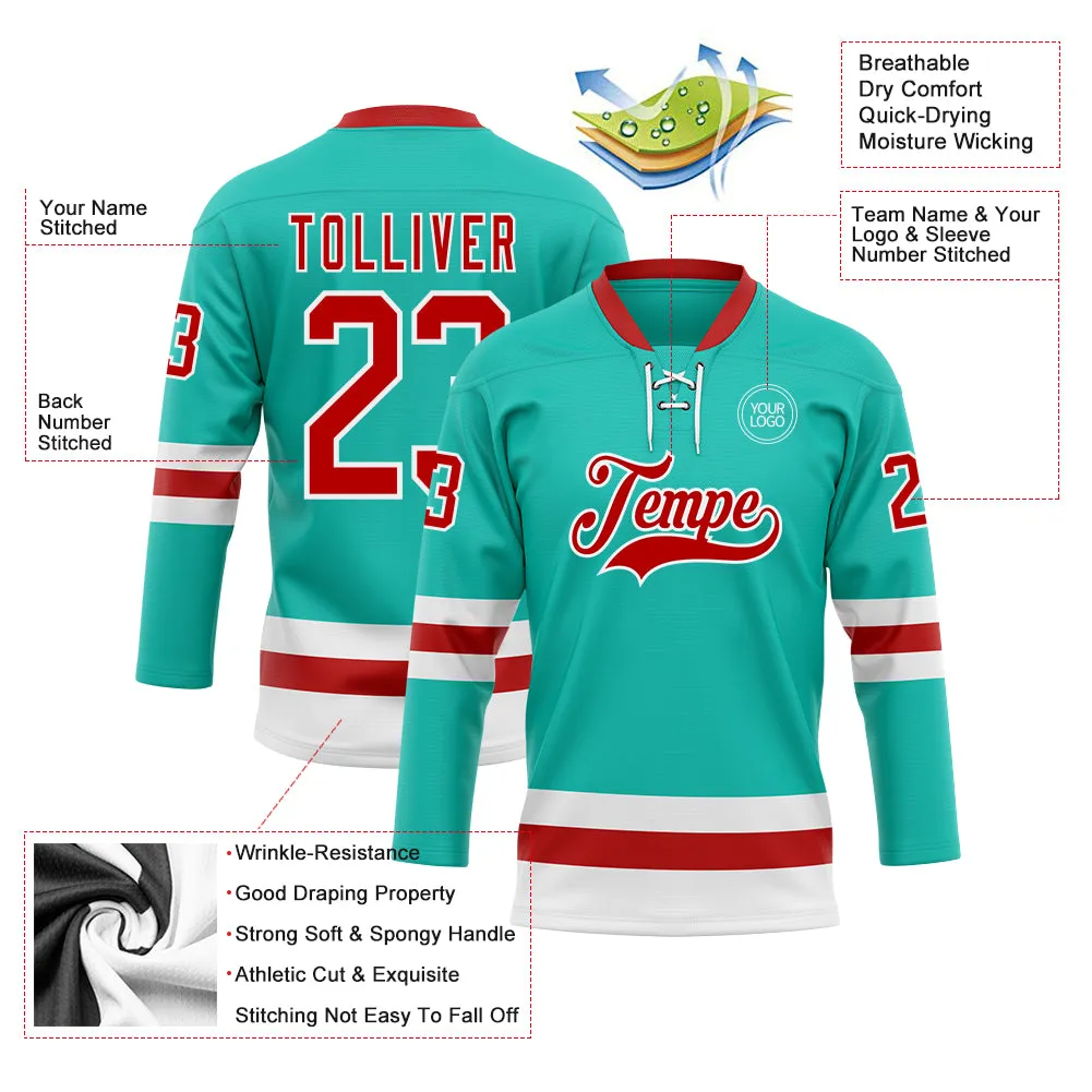 Custom Aqua Red-White Hockey Lace Neck Jersey