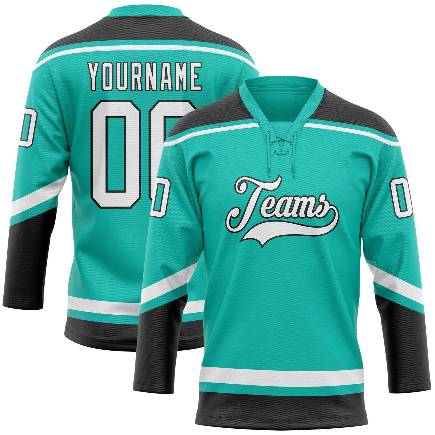 Custom Aqua White-Black Hockey Lace Neck Jersey