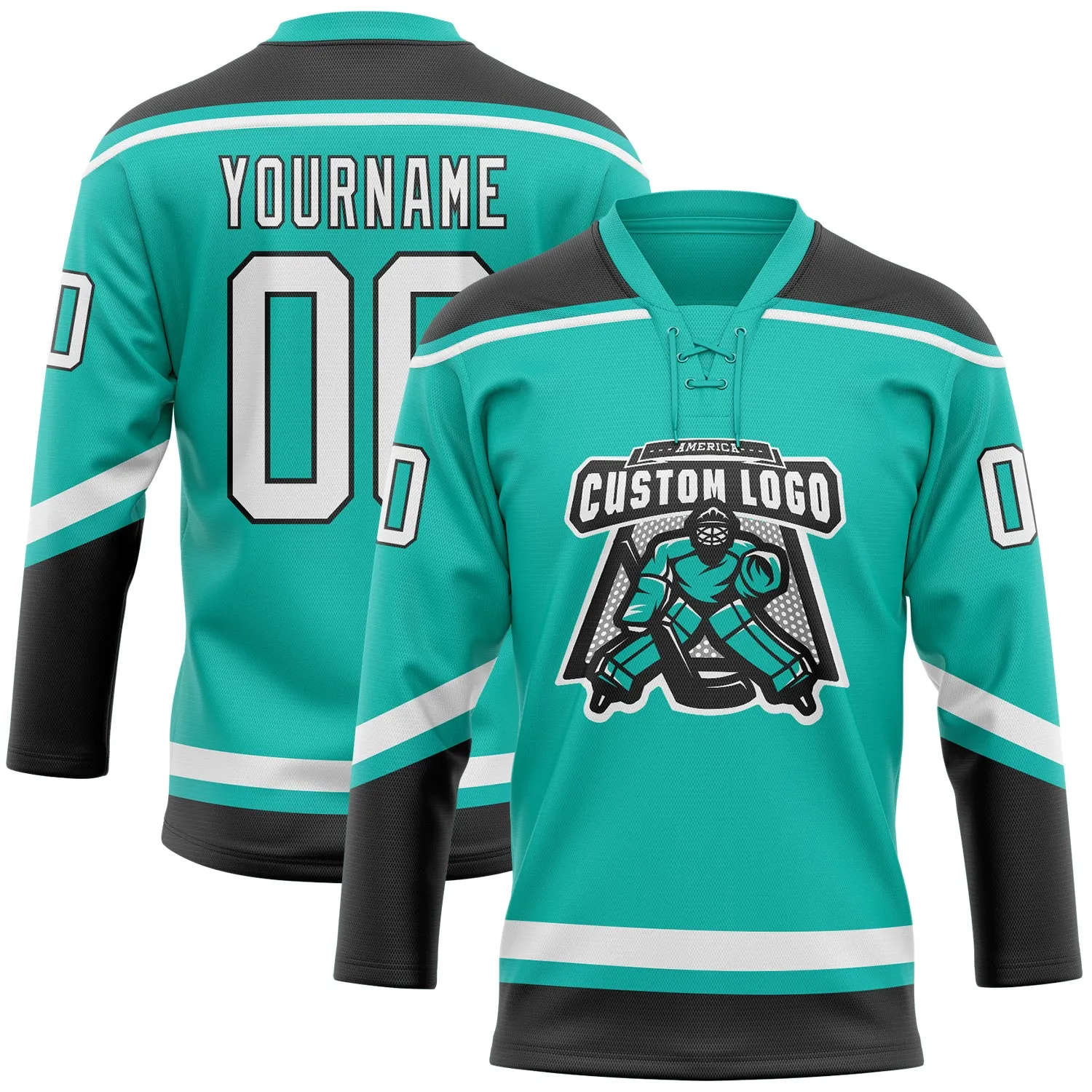 Custom Aqua White-Black Hockey Lace Neck Jersey