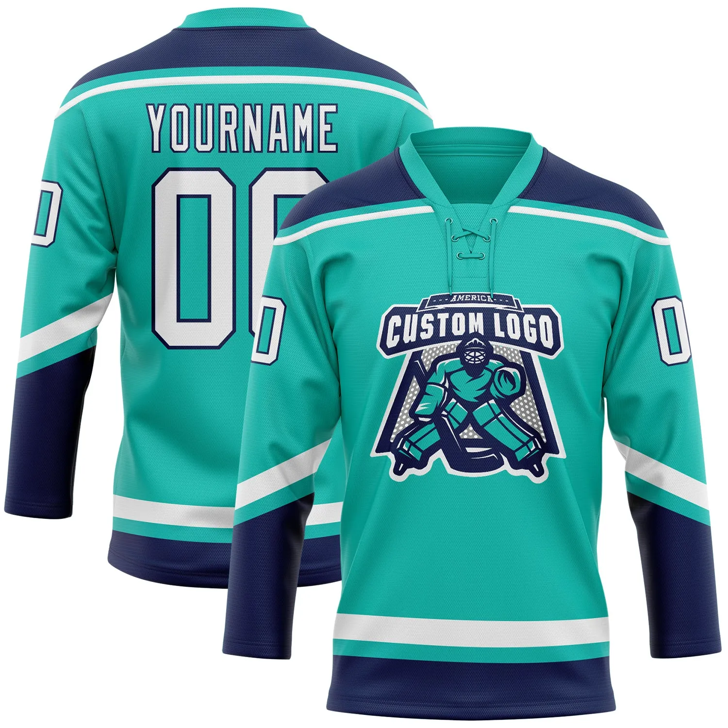 Custom Aqua White-Navy Hockey Lace Neck Jersey