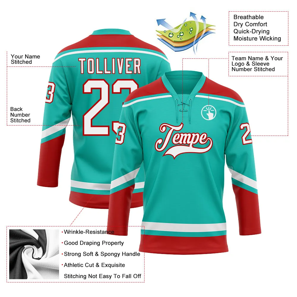 Custom Aqua White-Red Hockey Lace Neck Jersey