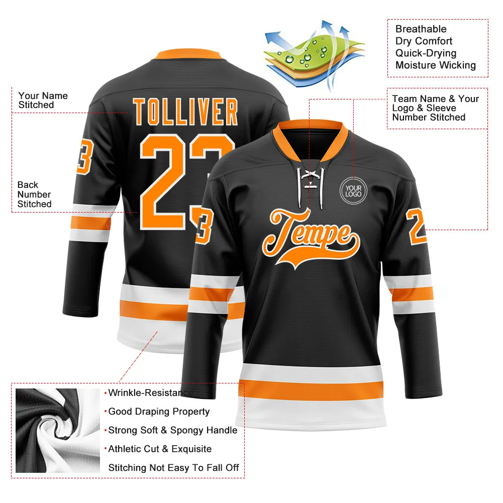 Custom Black Bay Orange-White Hockey Lace Neck Jersey