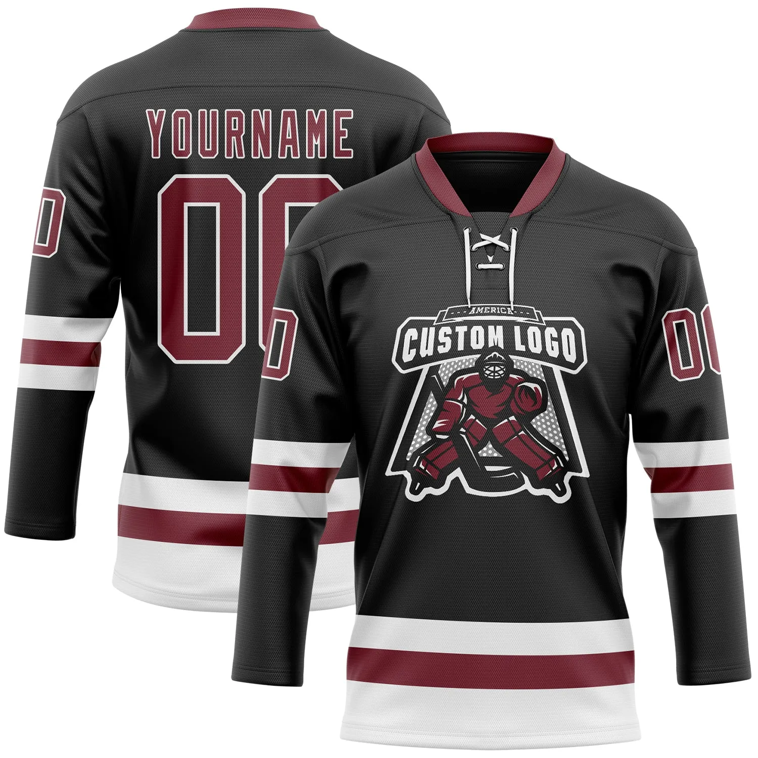 Custom Black Burgundy-White Hockey Lace Neck Jersey