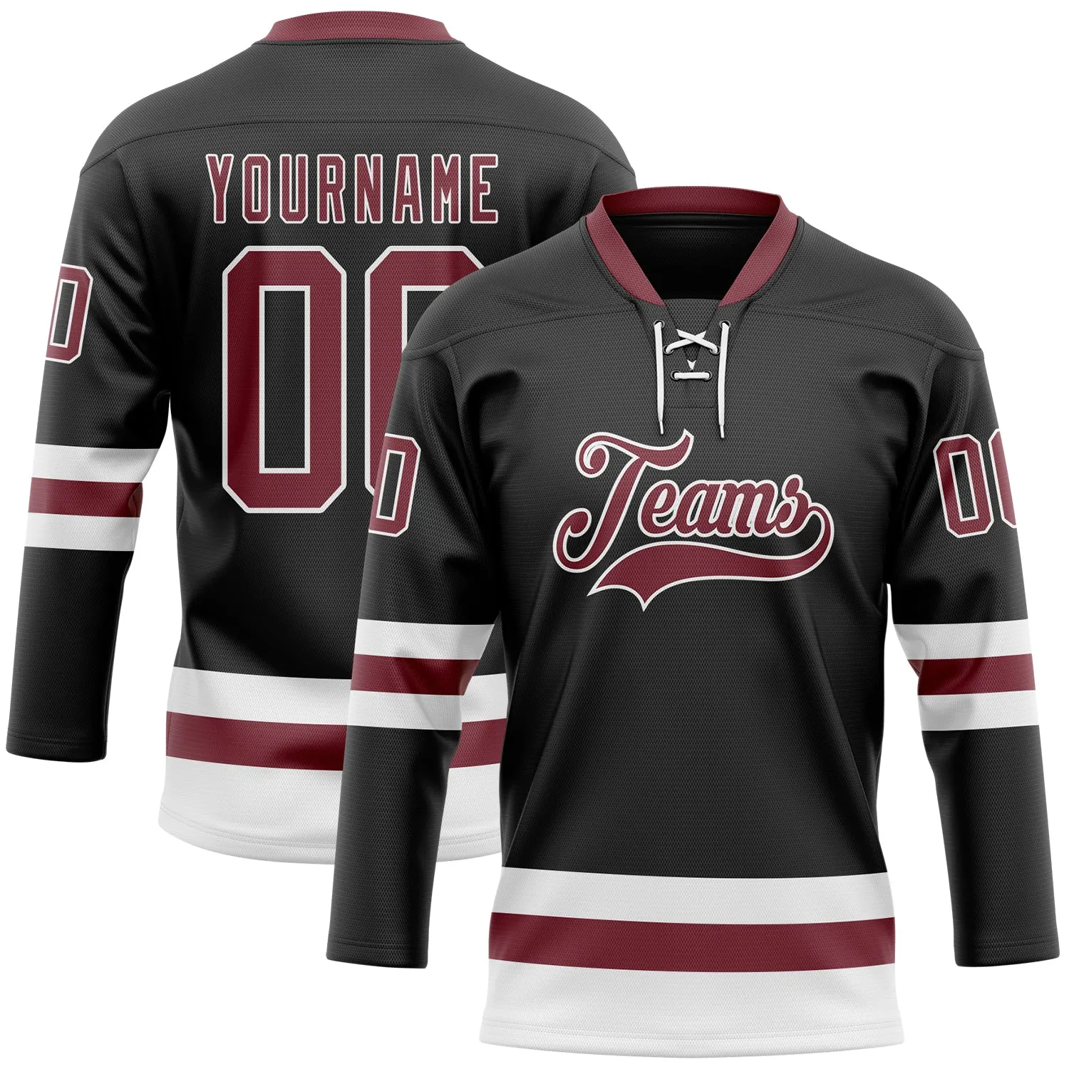 Custom Black Burgundy-White Hockey Lace Neck Jersey