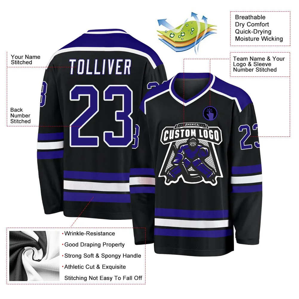 Custom Black Dark Purple-White Hockey Jersey