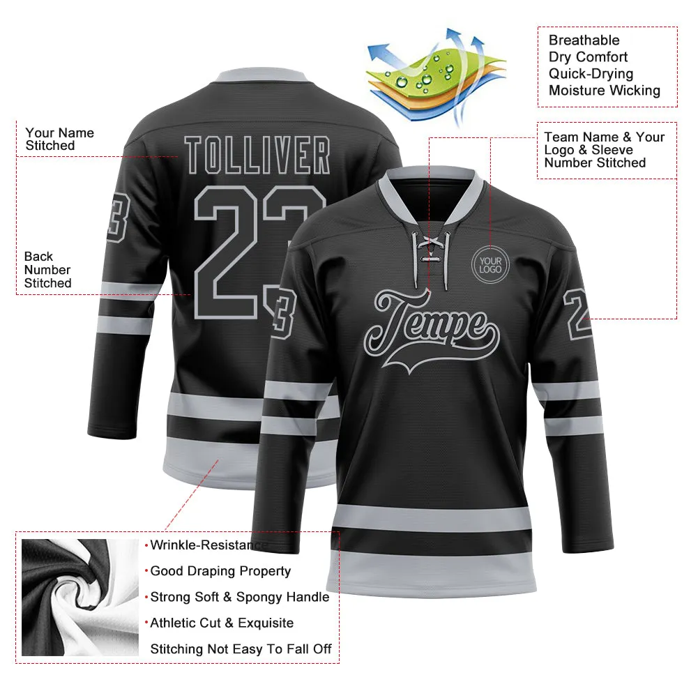 Custom Black Gray Hockey Lace Neck Jersey