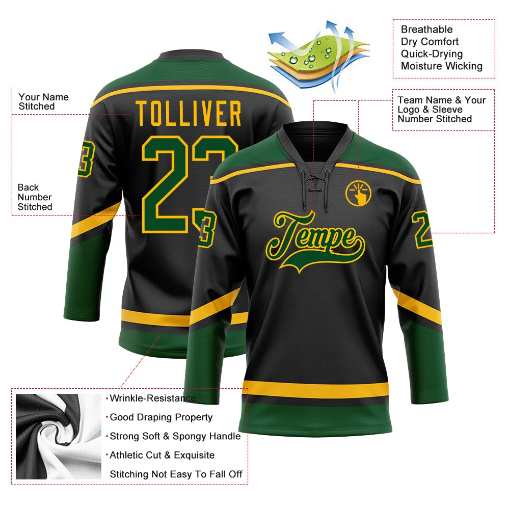 Custom Black Green-Gold Hockey Lace Neck Jersey