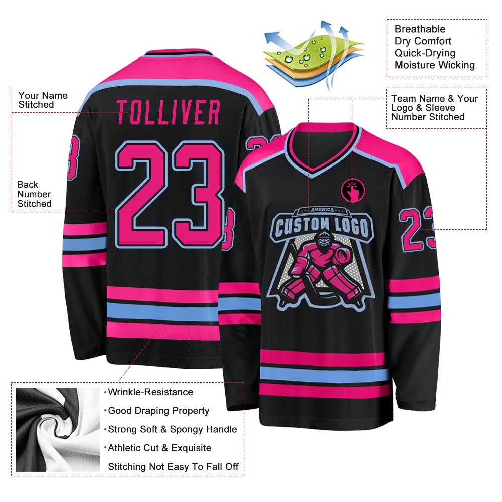 Custom Black Hot Pink-Light Blue Hockey Jersey