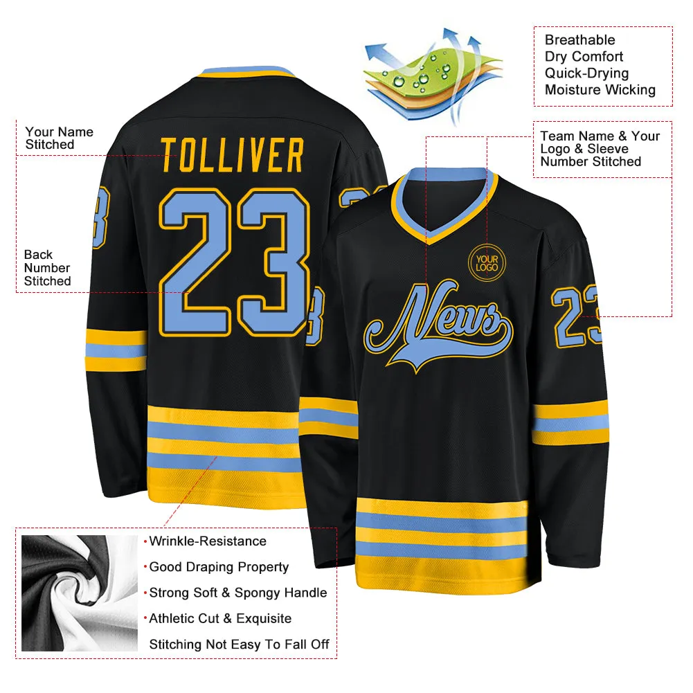 Custom Black Light Blue-Gold Hockey Jersey