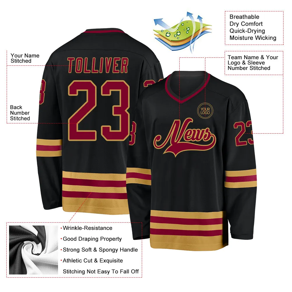 Custom Black Maroon-Old Gold Hockey Jersey