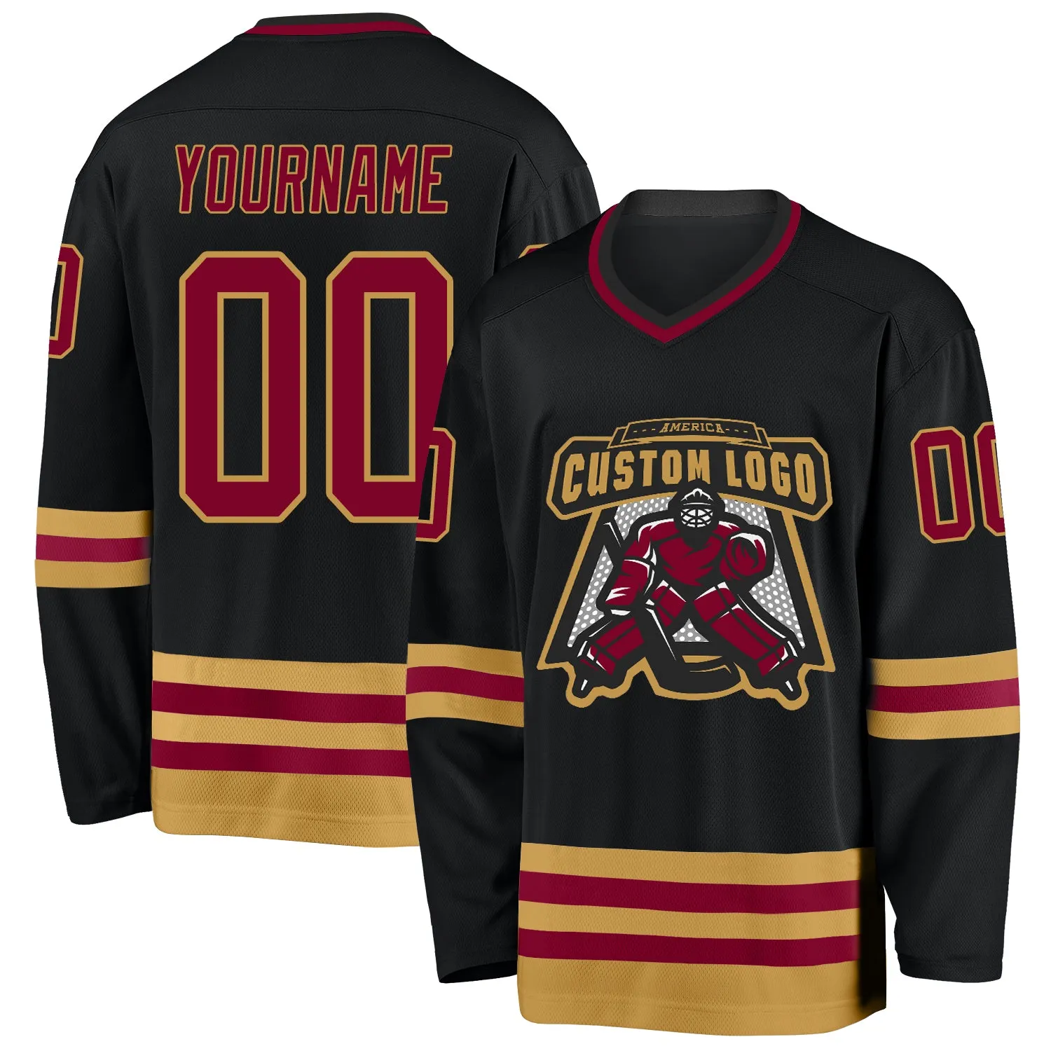 Custom Black Maroon-Old Gold Hockey Jersey