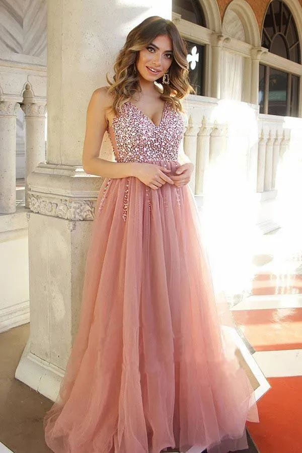 Dusty Rose Tulle Beaded Long Prom Dress with Lace Up Back PG843