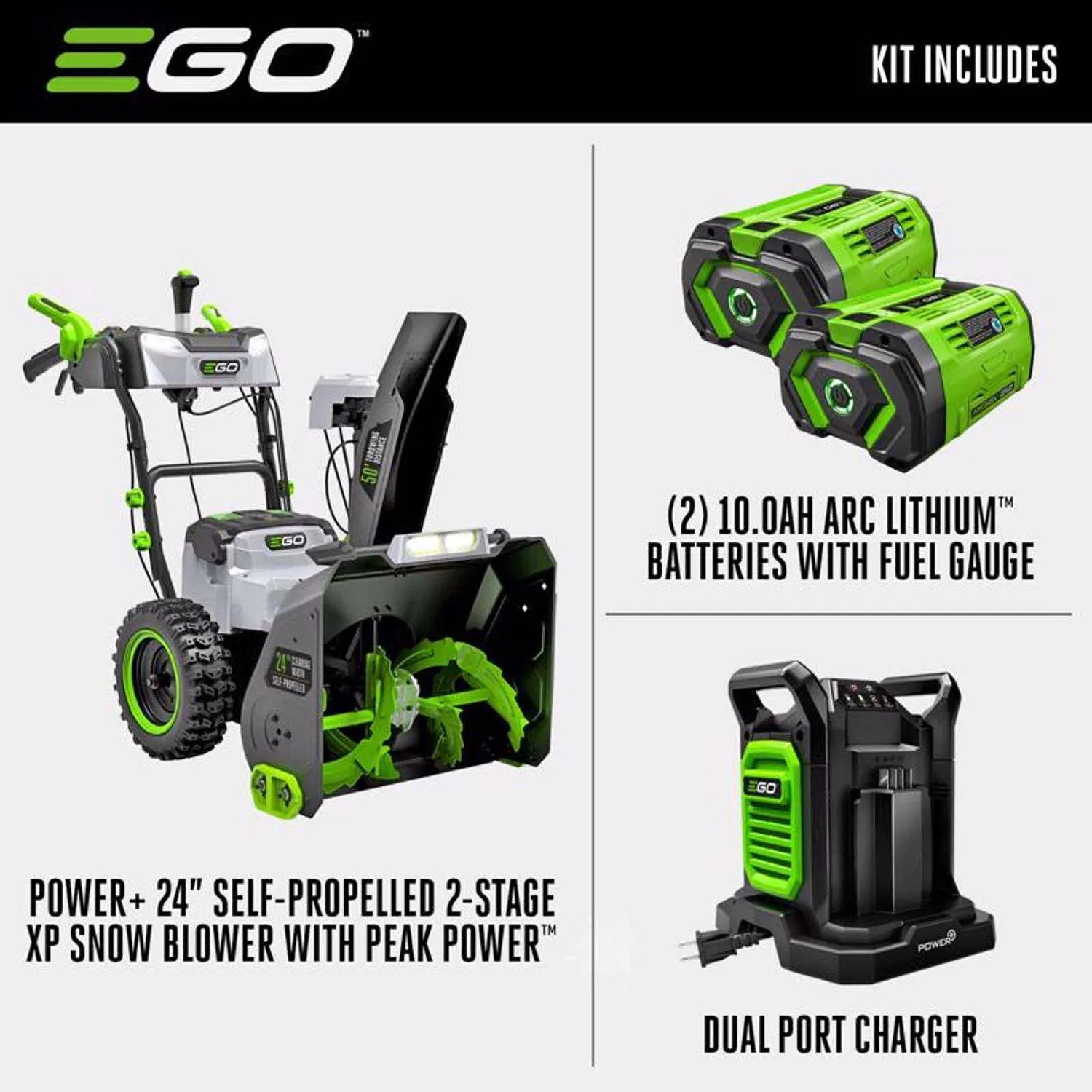 EGO Power  Peak Power SNT2416 24 in. Two stage 56 V Battery Snow Blower Kit (Battery & Charger) W/ 2-IN-1 CHUTE ADJUSTMENT & (2) 10AH BATTER