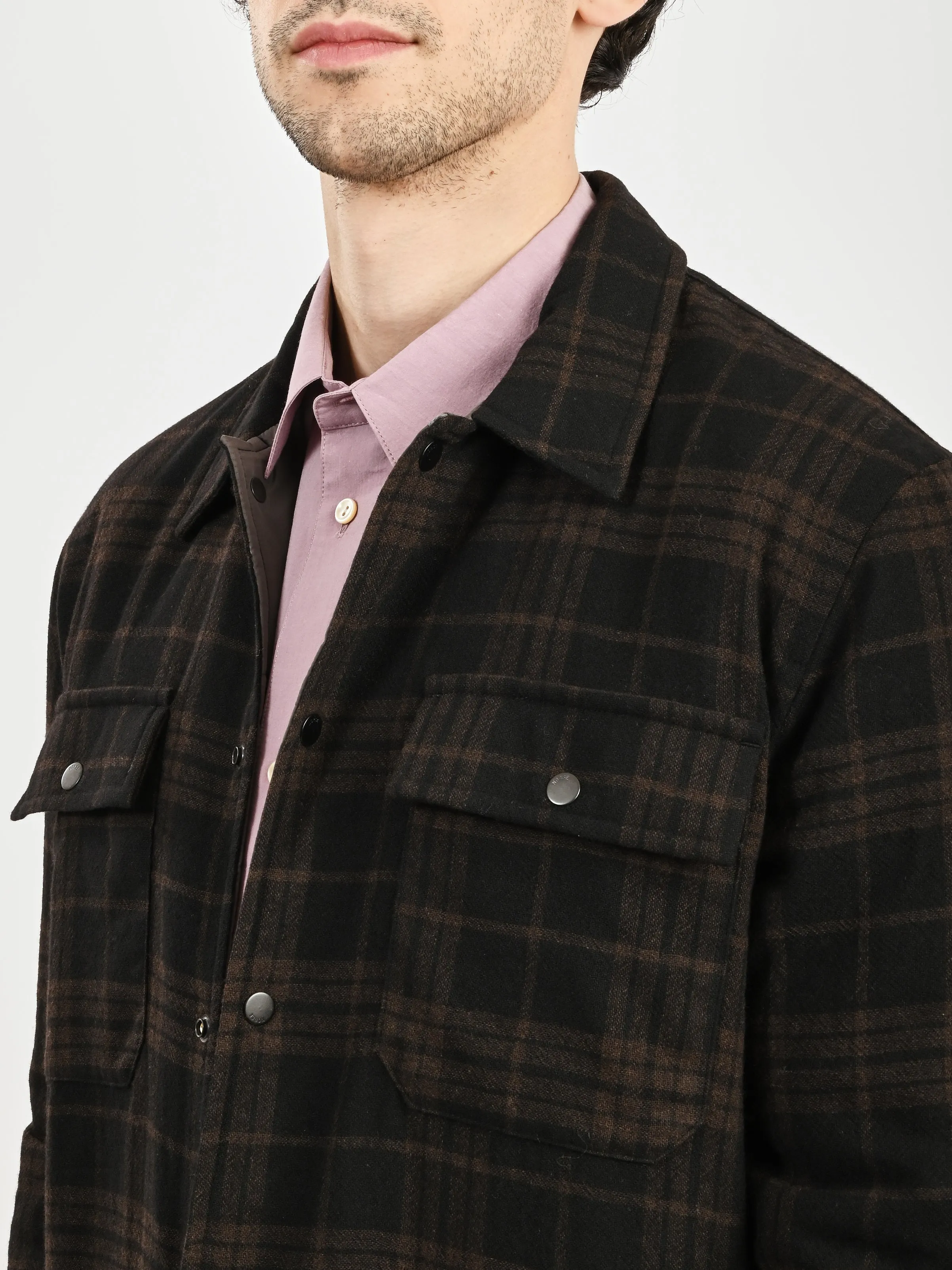 Espresso Hjalmer Insulated Wool Check Overshirt