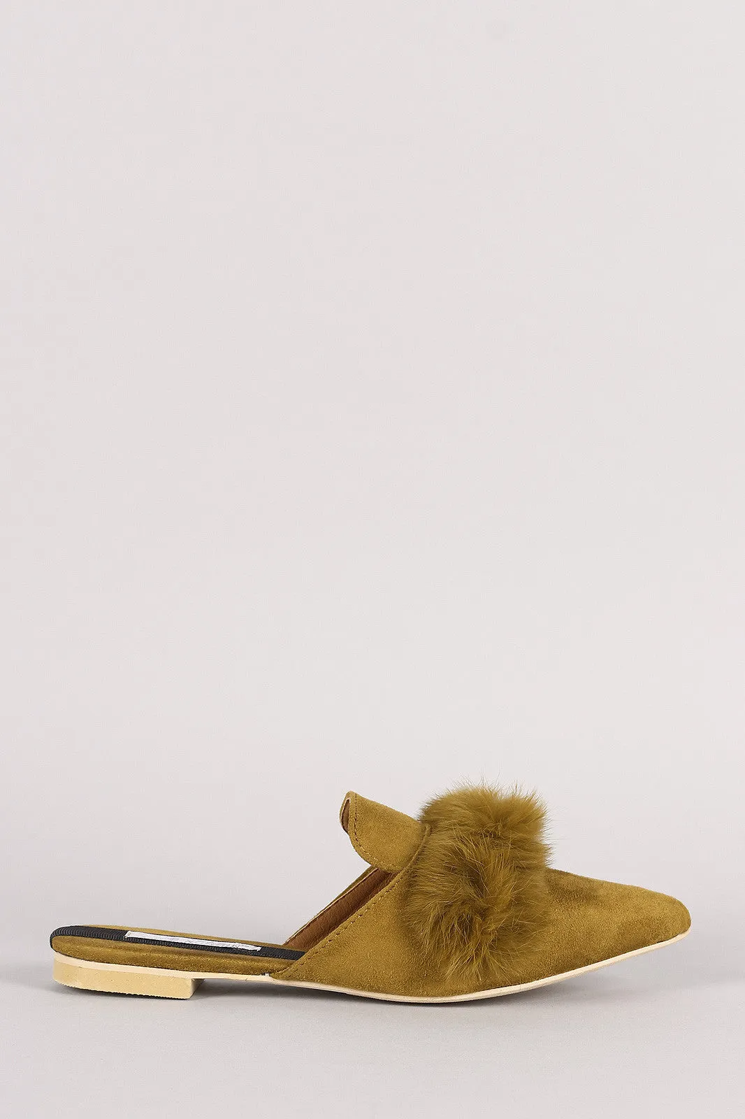 Faux Fur Trim Suede Pointy Toe Mule Loafer Flat