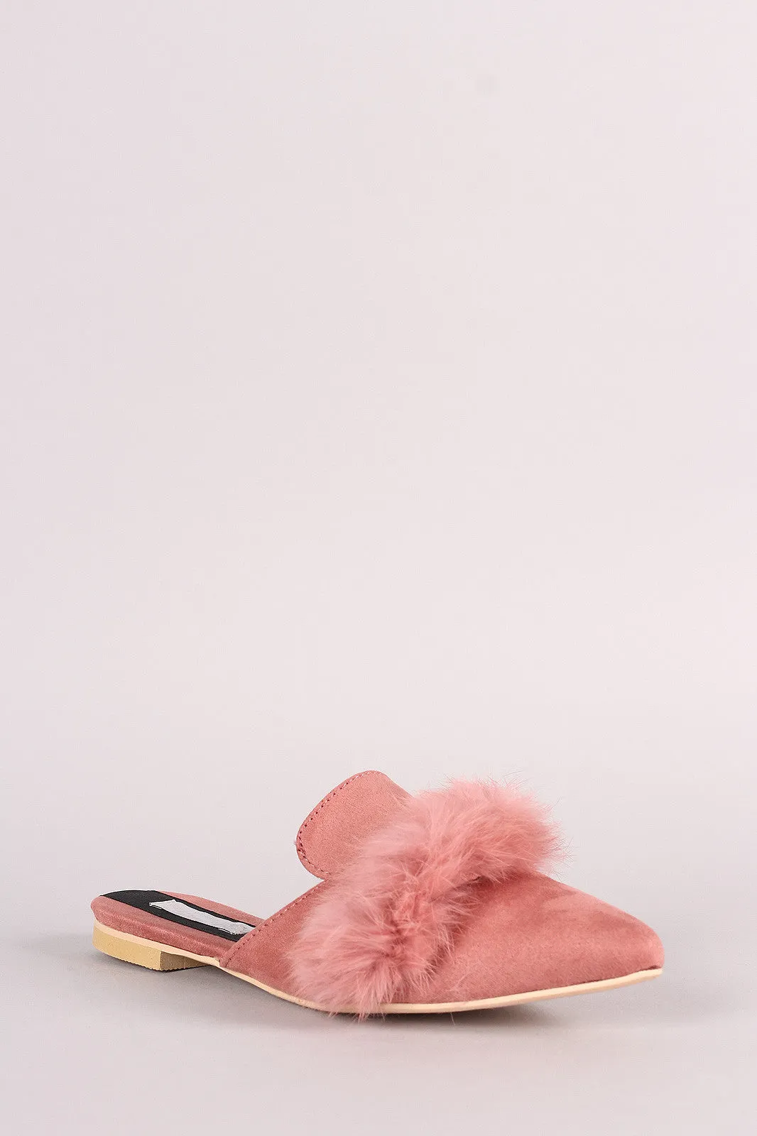 Faux Fur Trim Suede Pointy Toe Mule Loafer Flat