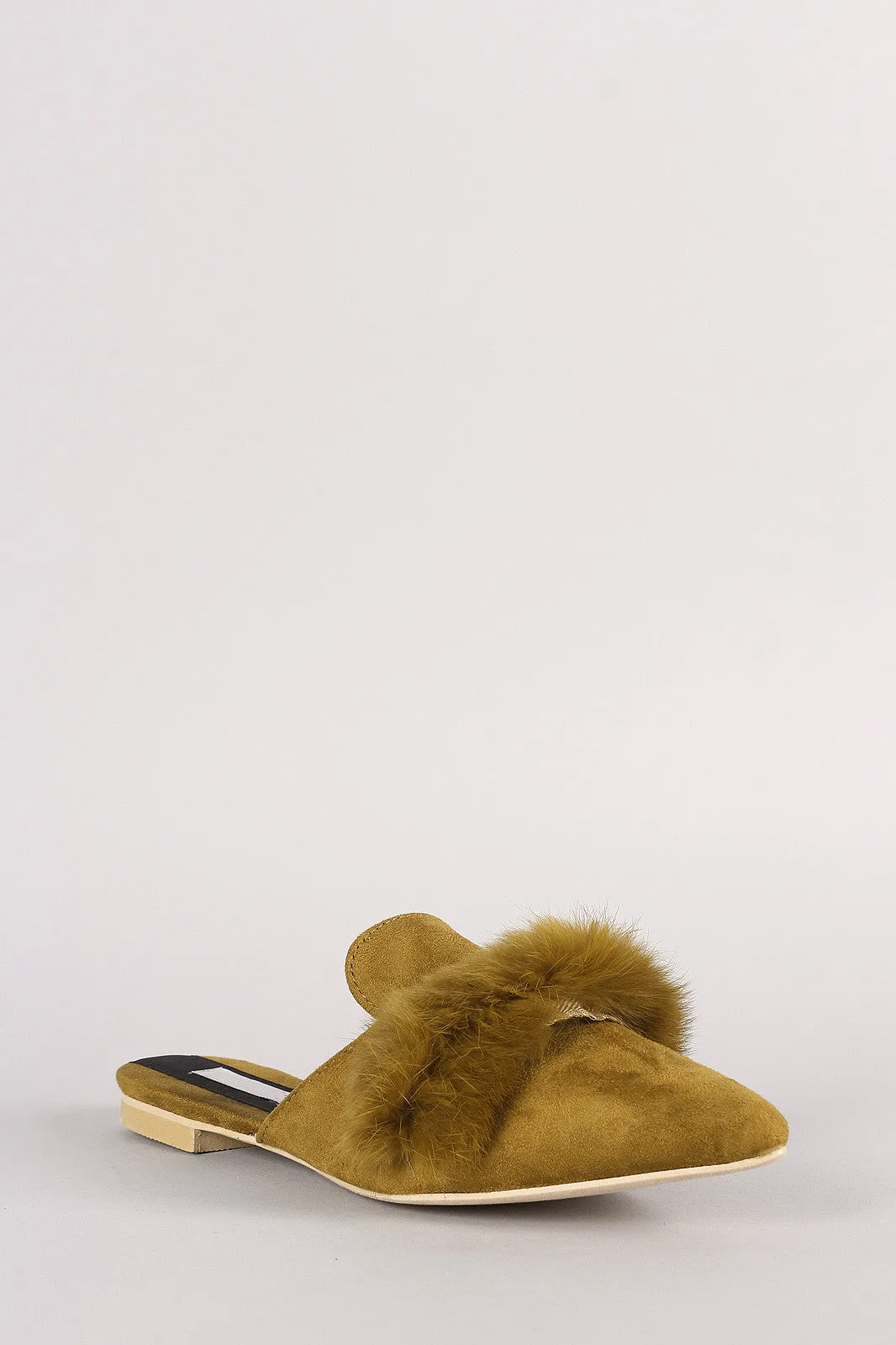 Faux Fur Trim Suede Pointy Toe Mule Loafer Flat