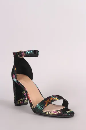 Floral Brocade Satin Ankle Strap Chunky Heel