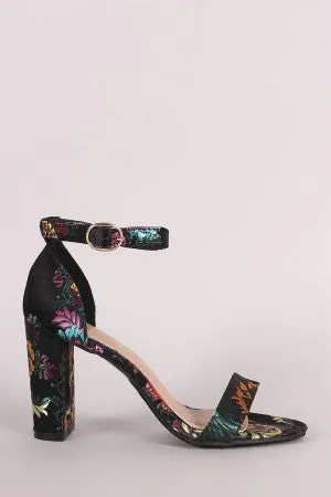 Floral Brocade Satin Ankle Strap Chunky Heel