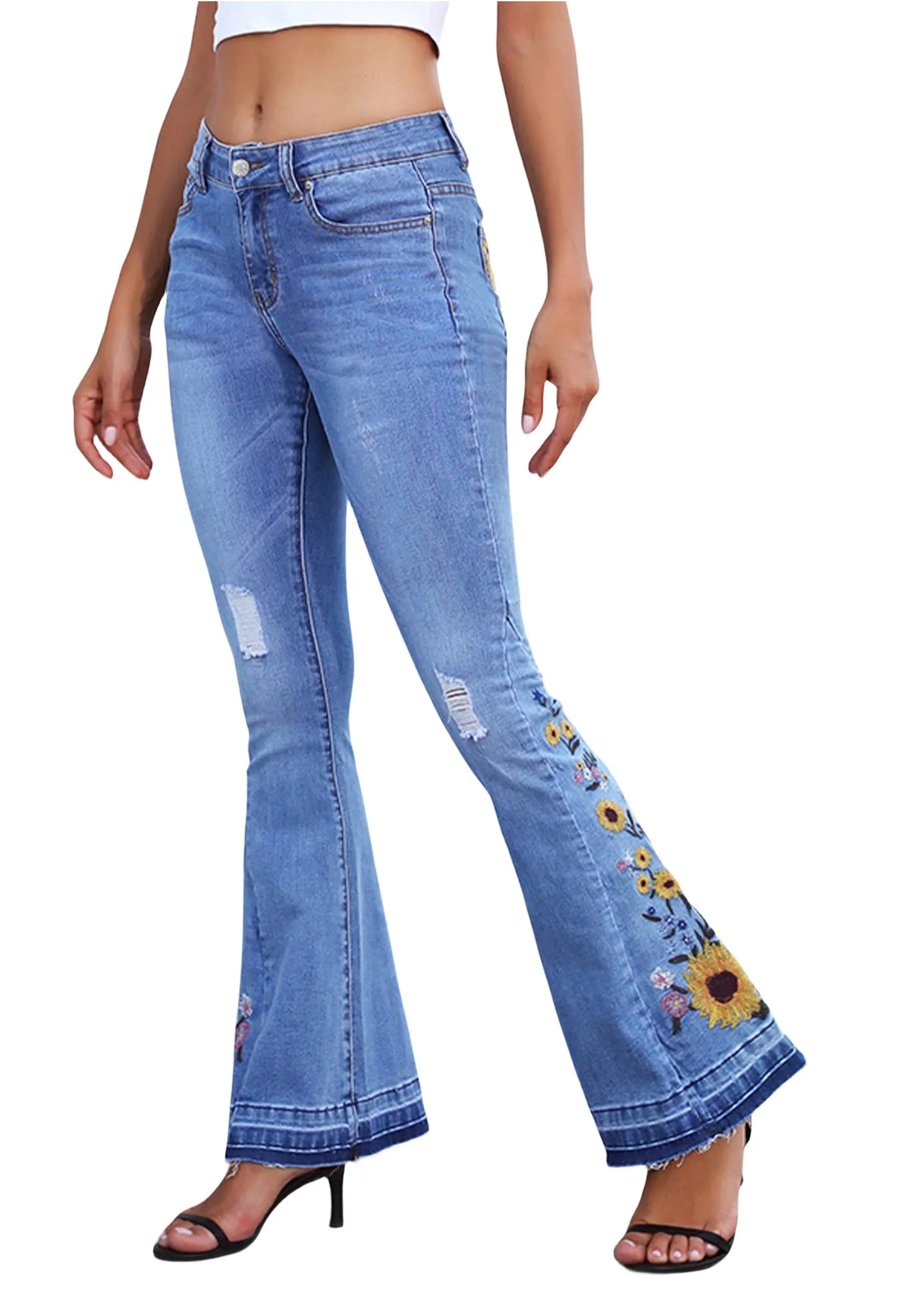 Floral Daisy Embroidered Mid Rise Bell Bottom Jeans