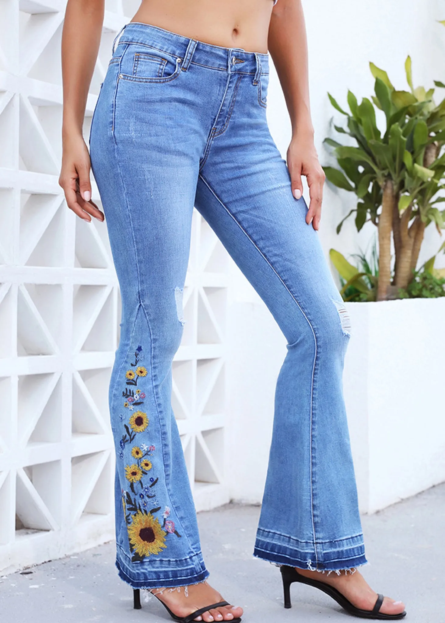 Floral Daisy Embroidered Mid Rise Bell Bottom Jeans