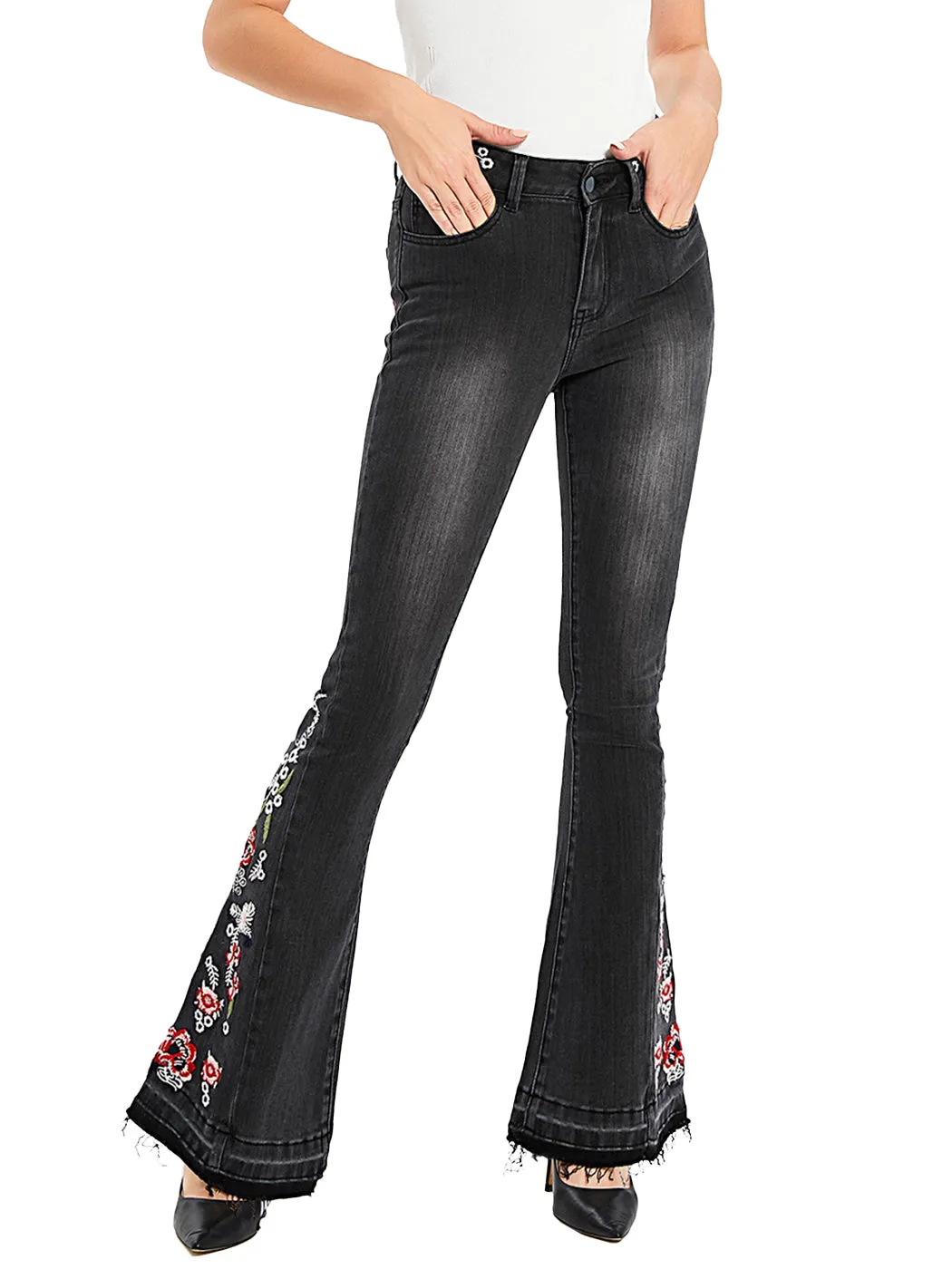 Floral Daisy Embroidered Mid Rise Bell Bottom Jeans