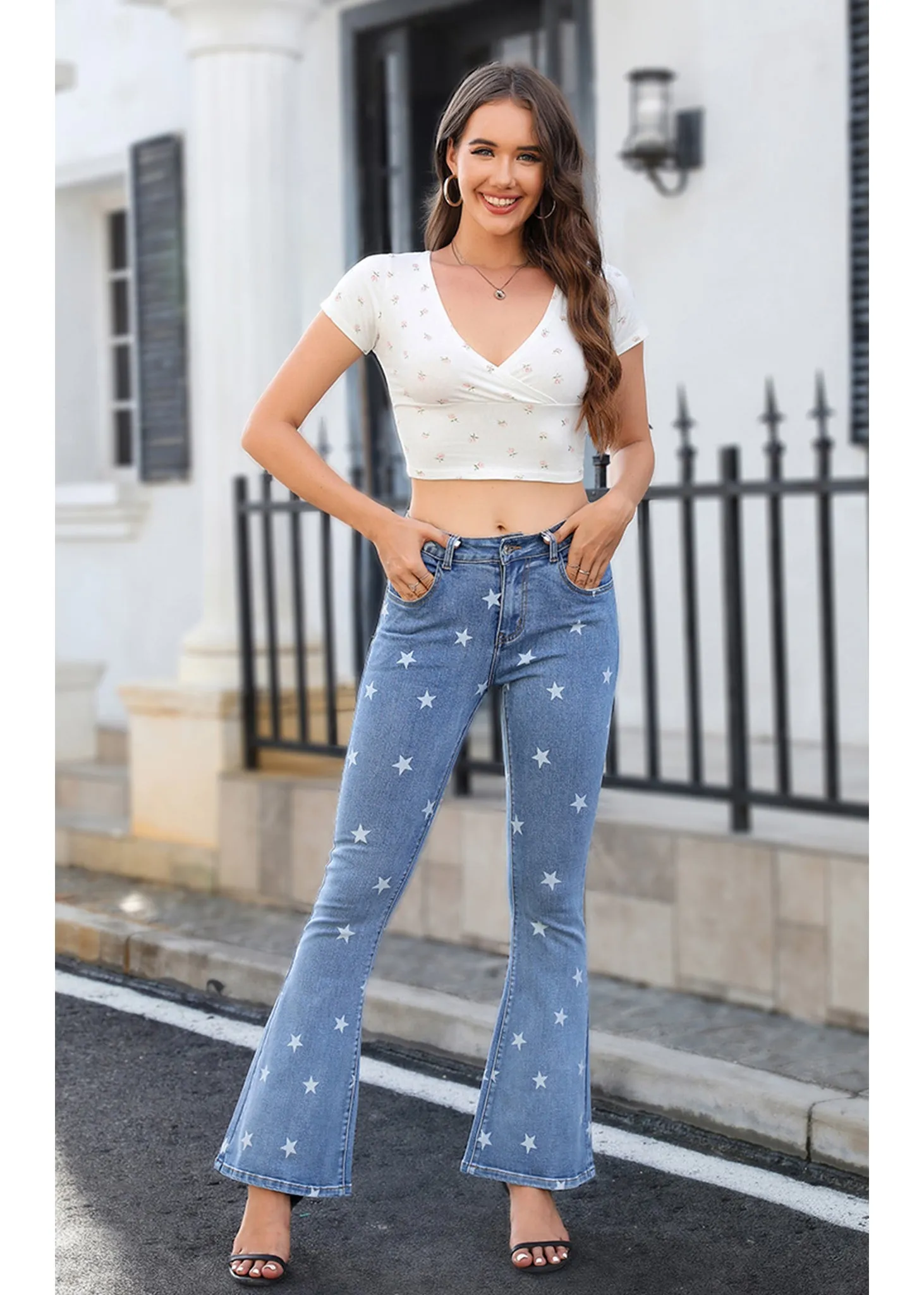 Floral Daisy Embroidered Mid Rise Bell Bottom Jeans