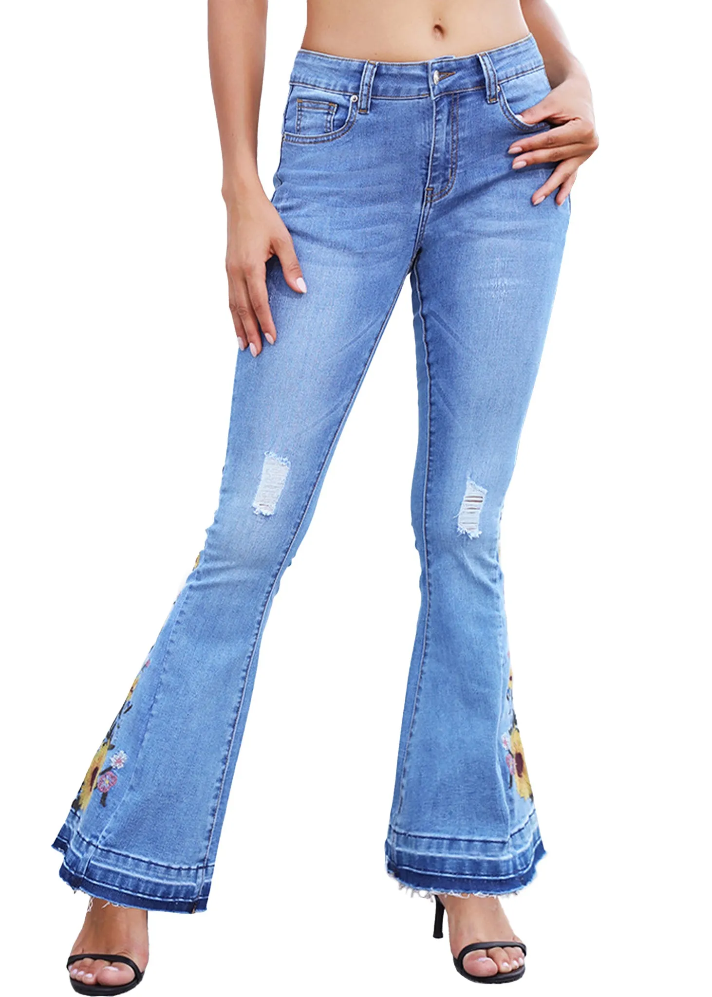 Floral Daisy Embroidered Mid Rise Bell Bottom Jeans