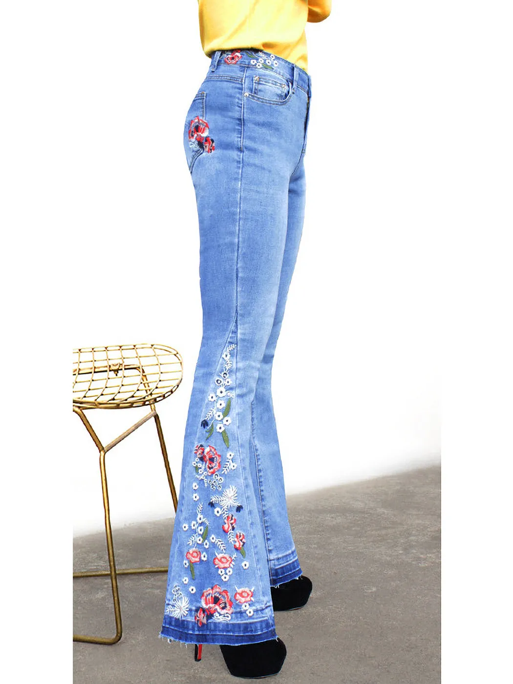 Floral Daisy Embroidered Mid Rise Bell Bottom Jeans