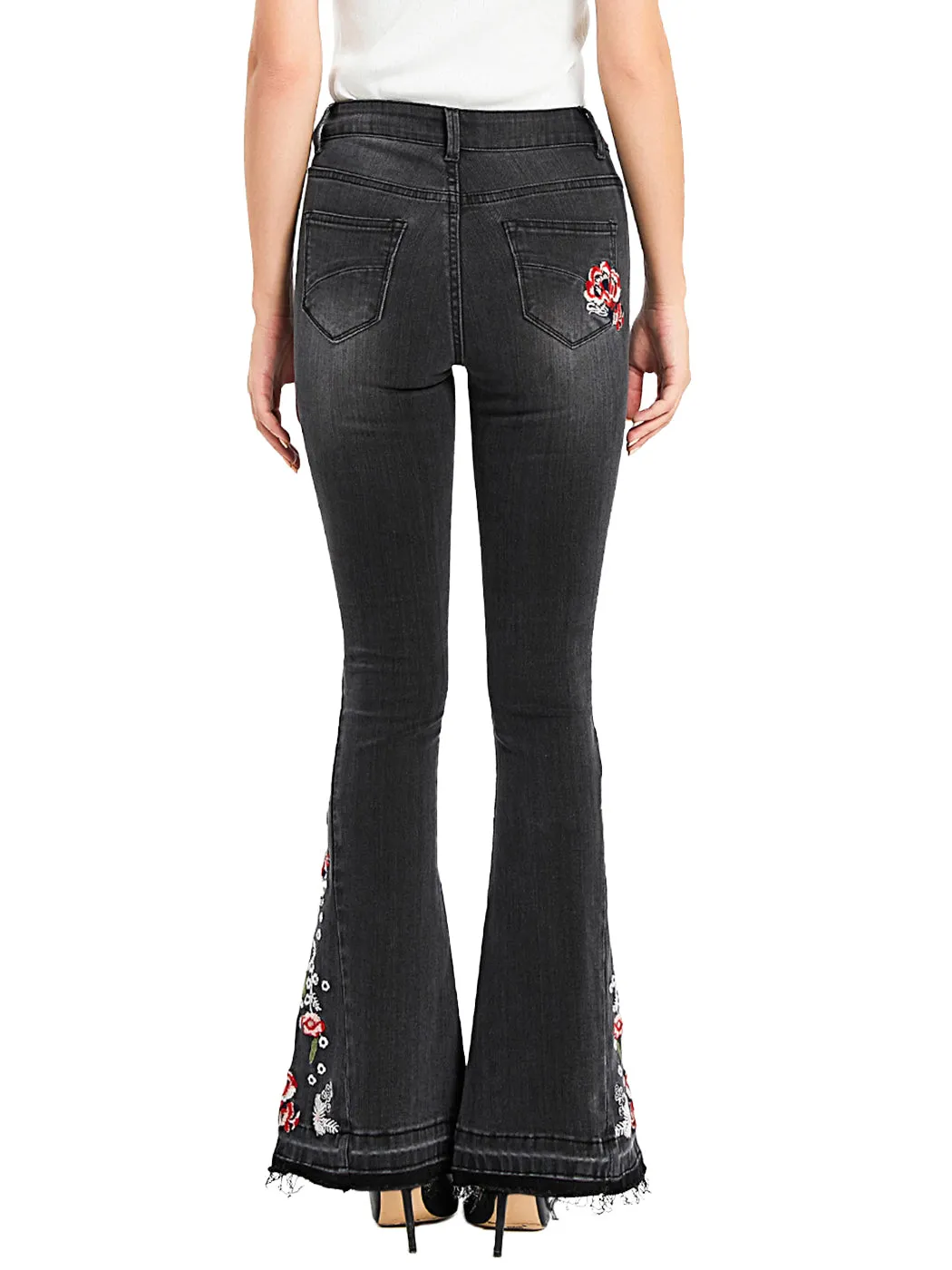 Floral Daisy Embroidered Mid Rise Bell Bottom Jeans