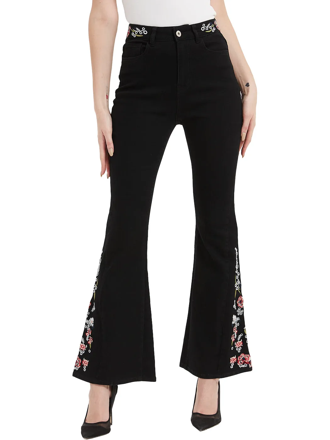 Floral Daisy Embroidered Mid Rise Bell Bottom Jeans