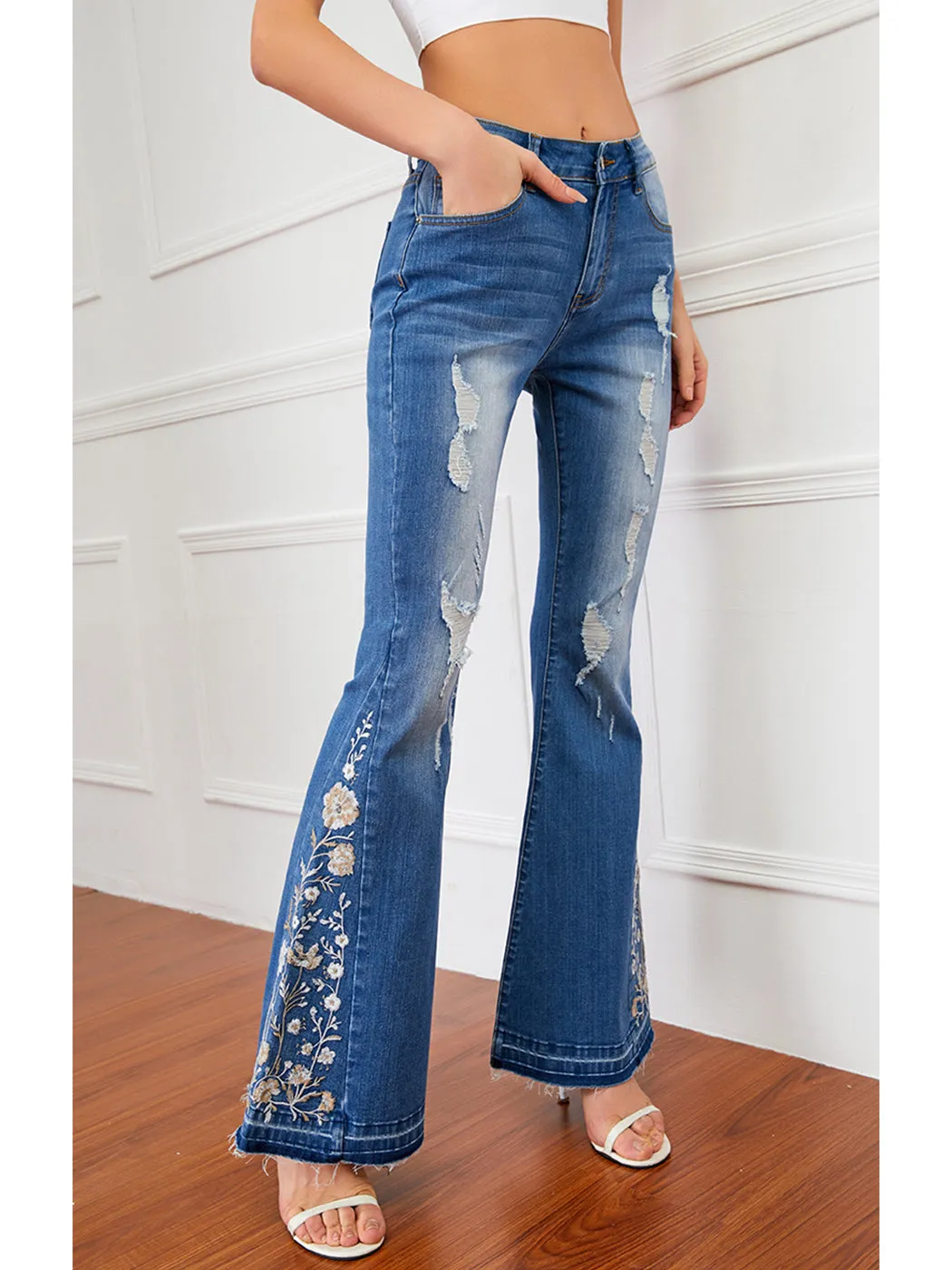 Floral Daisy Embroidered Mid Rise Bell Bottom Jeans