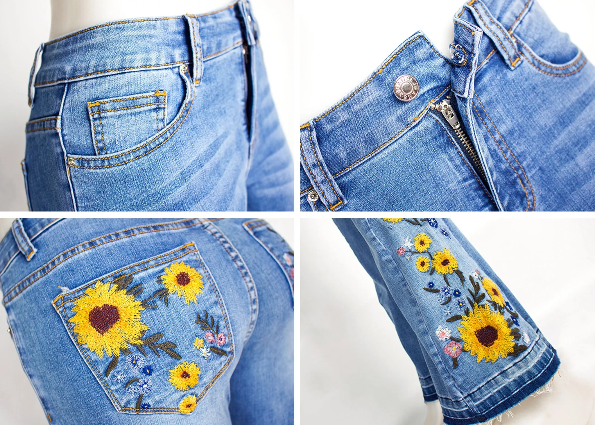 Floral Daisy Embroidered Mid Rise Bell Bottom Jeans