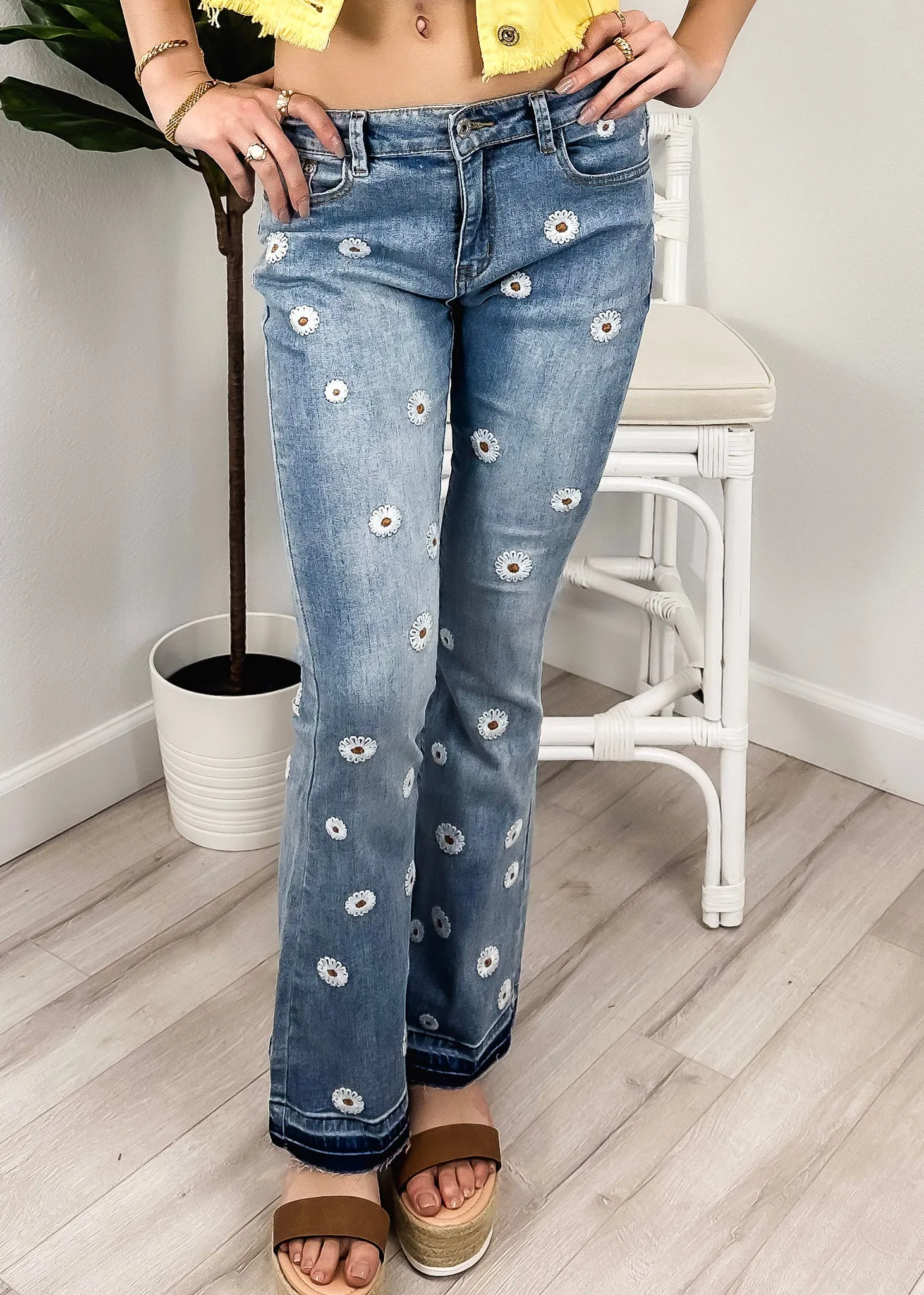 Floral Daisy Embroidered Mid Rise Bell Bottom Jeans