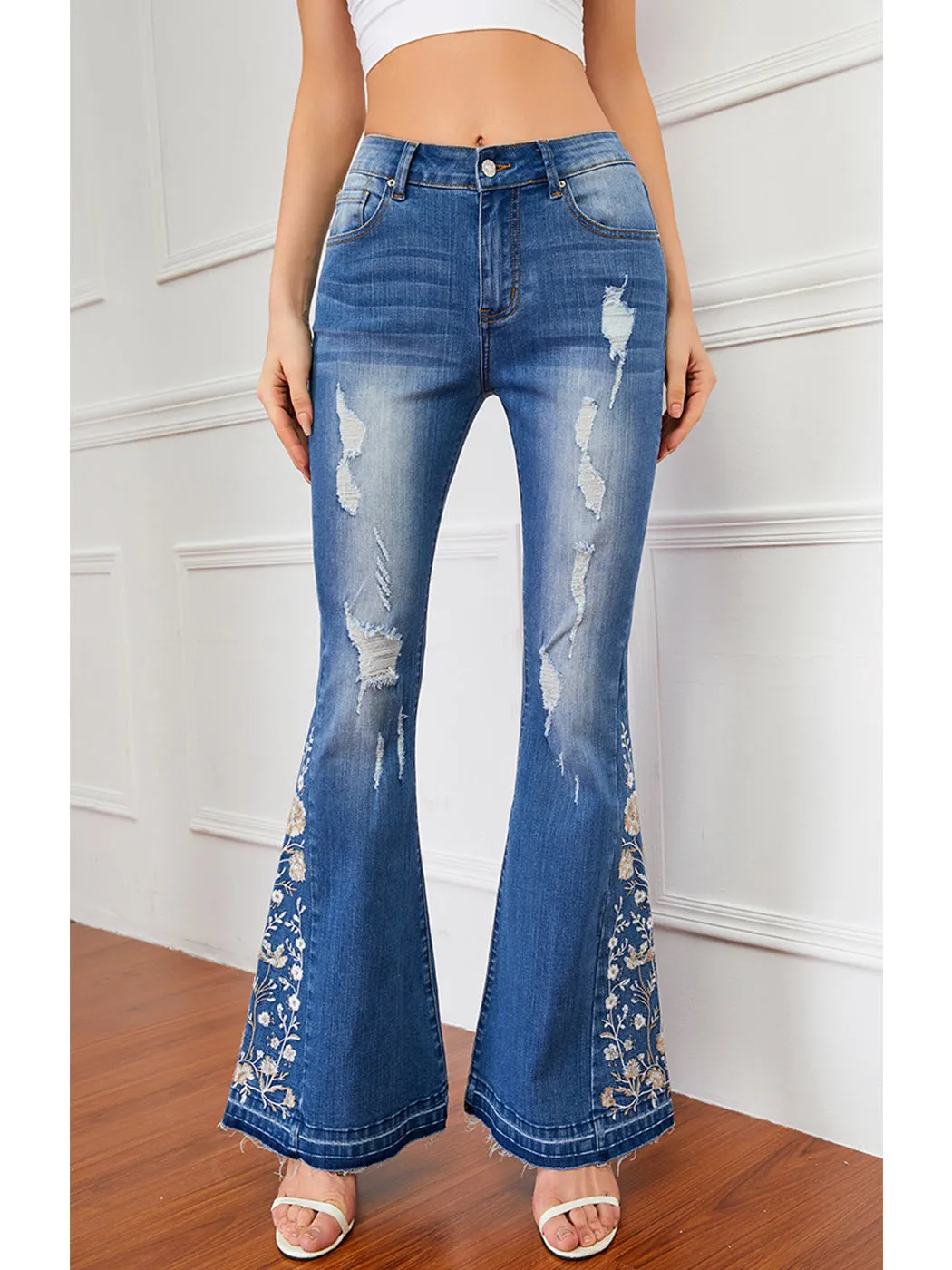 Floral Daisy Embroidered Mid Rise Bell Bottom Jeans