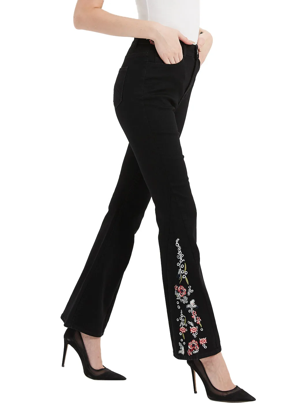 Floral Daisy Embroidered Mid Rise Bell Bottom Jeans