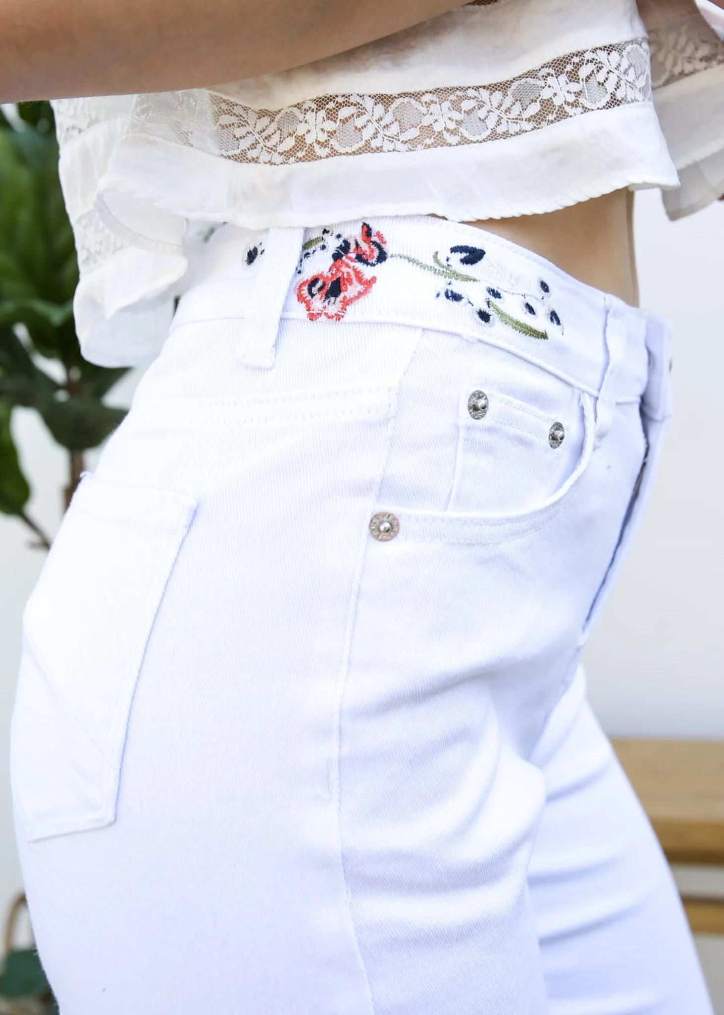 Floral Daisy Embroidered Mid Rise Bell Bottom Jeans