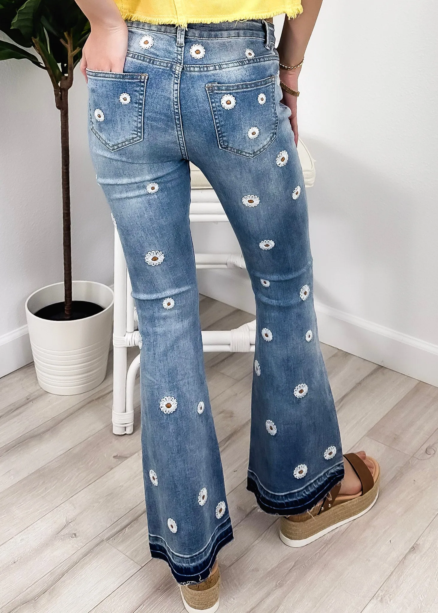 Floral Daisy Embroidered Mid Rise Bell Bottom Jeans