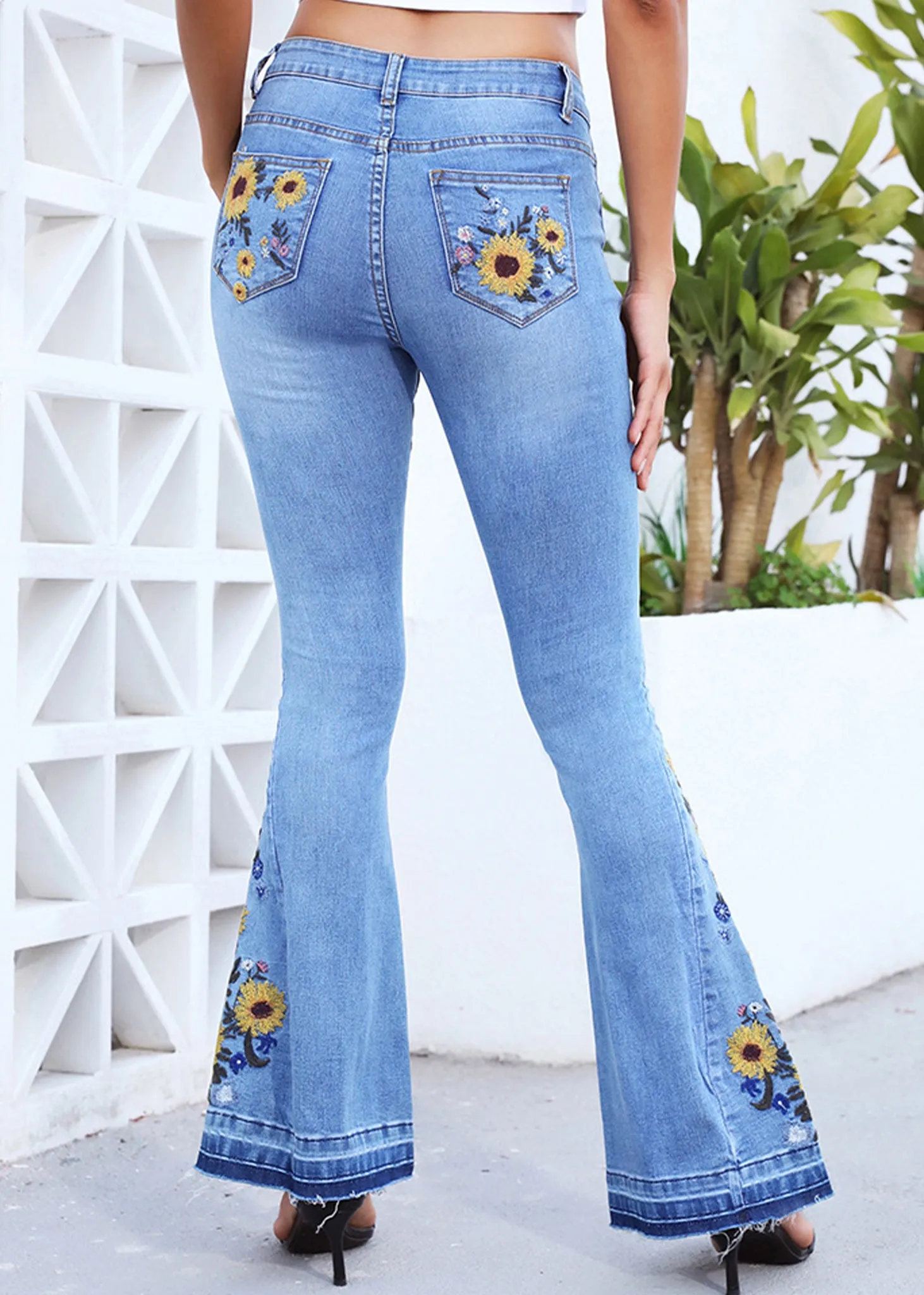 Floral Daisy Embroidered Mid Rise Bell Bottom Jeans