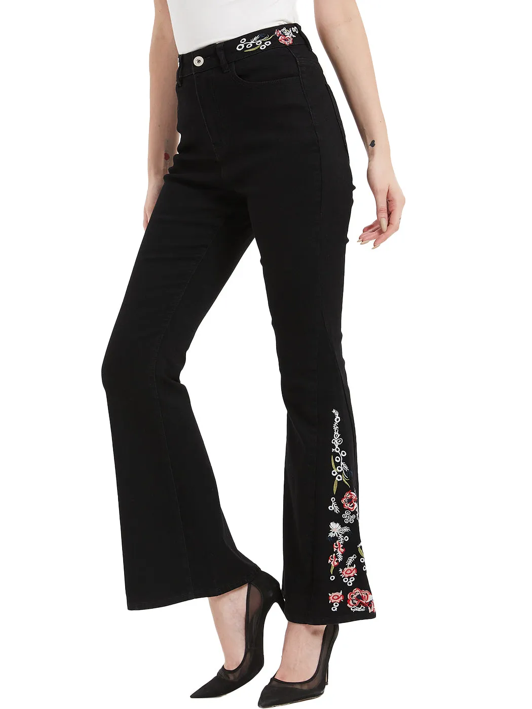 Floral Daisy Embroidered Mid Rise Bell Bottom Jeans