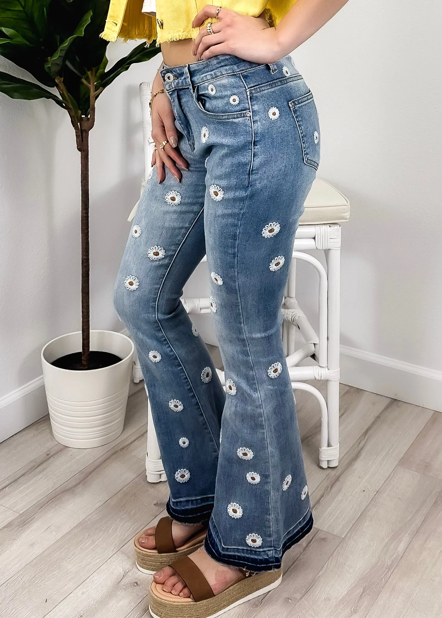 Floral Daisy Embroidered Mid Rise Bell Bottom Jeans