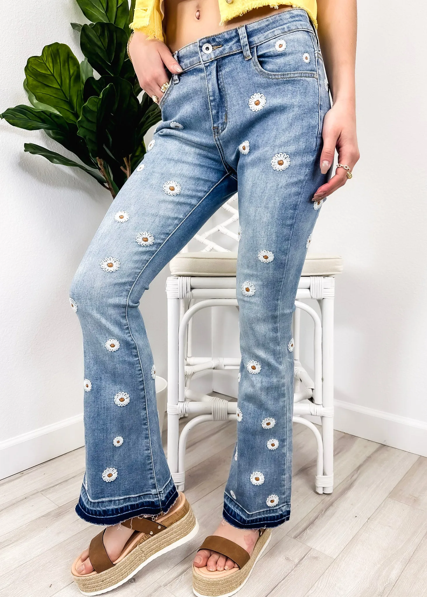 Floral Daisy Embroidered Mid Rise Bell Bottom Jeans