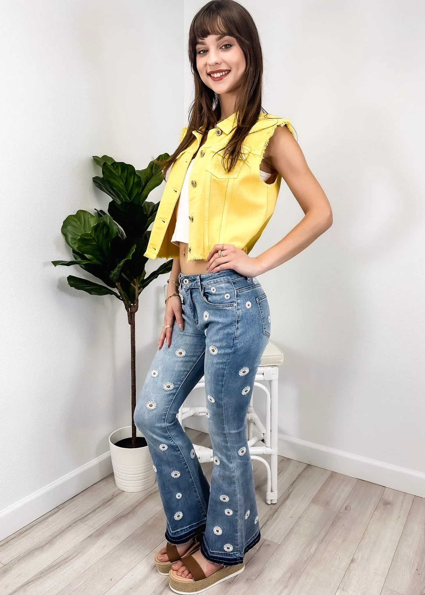 Floral Daisy Embroidered Mid Rise Bell Bottom Jeans