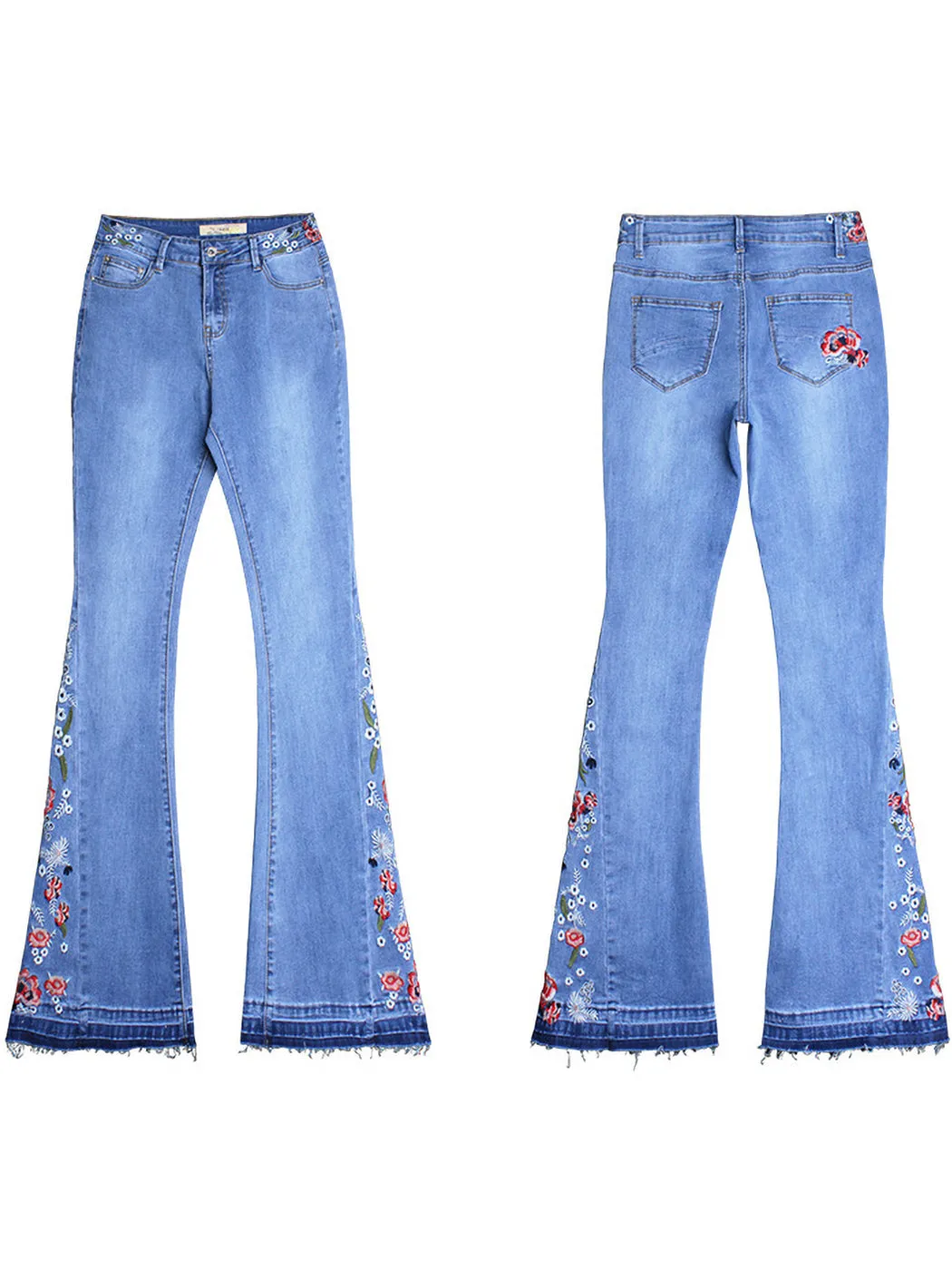 Floral Daisy Embroidered Mid Rise Bell Bottom Jeans