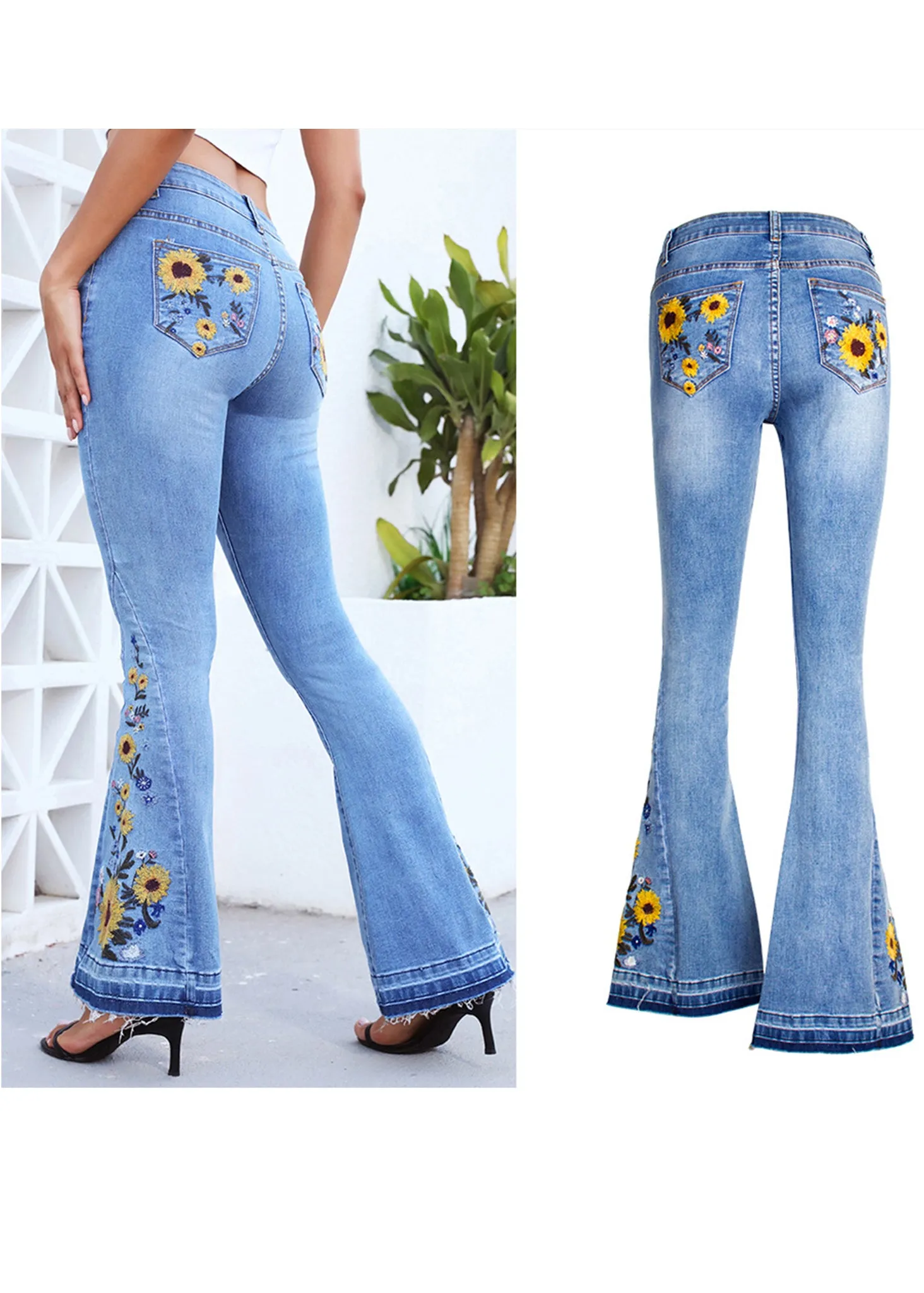 Floral Daisy Embroidered Mid Rise Bell Bottom Jeans