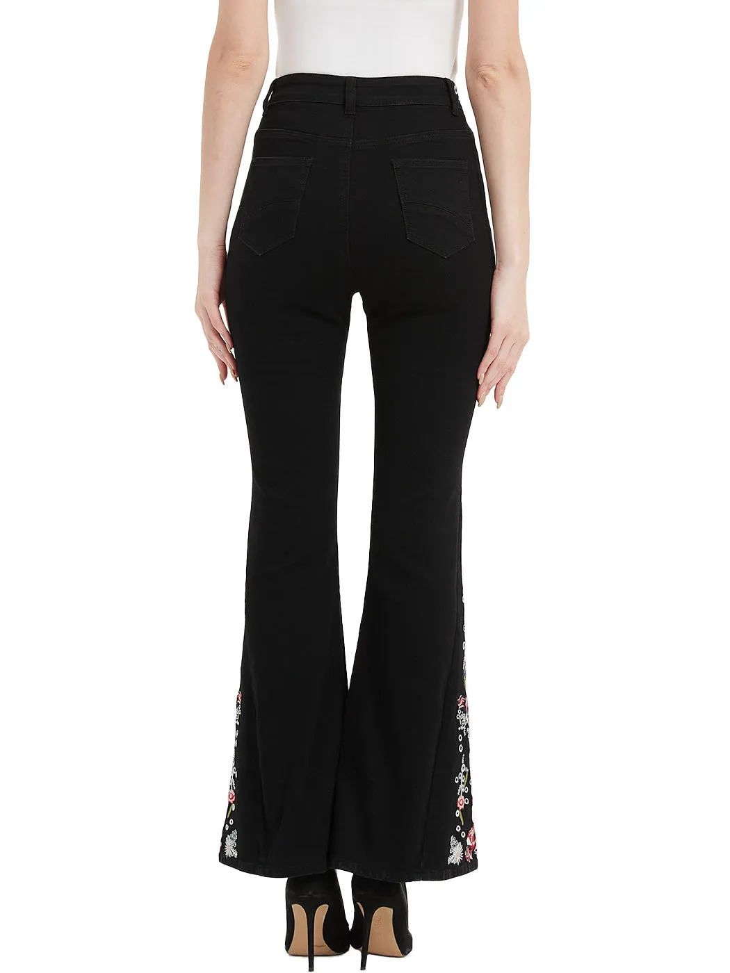 Floral Daisy Embroidered Mid Rise Bell Bottom Jeans