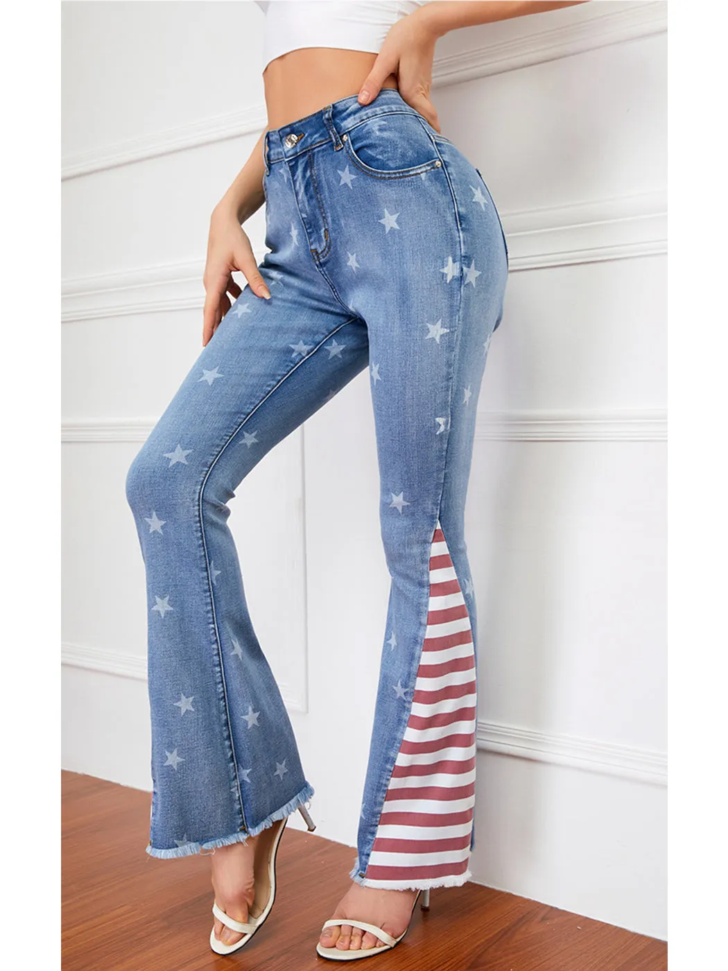 Floral Daisy Embroidered Mid Rise Bell Bottom Jeans